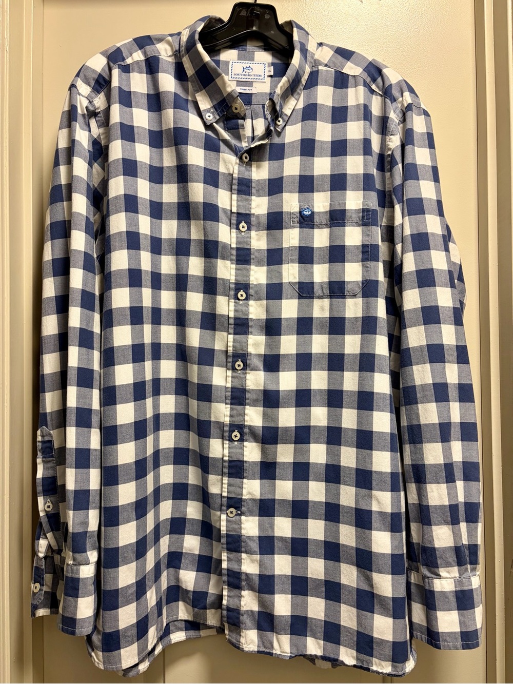 Southern Tide Trim Fit Buffalo Check Button Down Cotton Mens XL Blue White Plaid